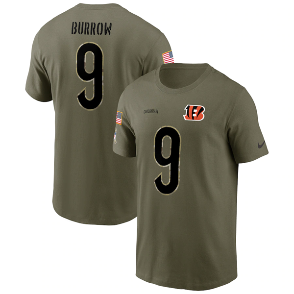 Men's Cincinnati Bengals #9 Joe Burrow 2022 Olive Salute to Service T-Shirt